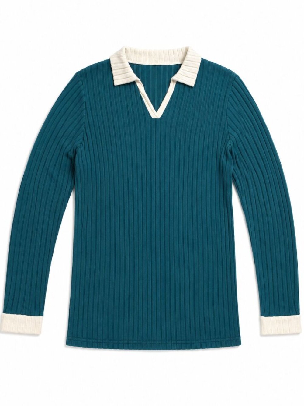 Women’s Teal Ribbed Knit Collared Sweater Top Cream Trim Long Sleeve Pre-Owned L